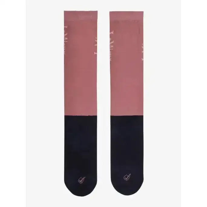 A pair of lemieux competition socks in pink and black with subtle gold text pattern in upper section peony color