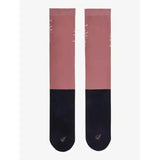 A pair of lemieux competition socks in pink and black with subtle gold text pattern in upper section peony color