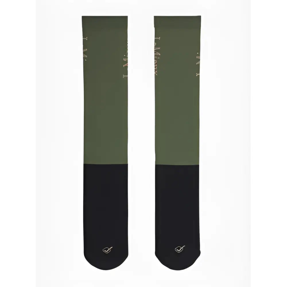 Olive green and black lemieux competition socks with subtle gold text pattern in the upper rosemary 2 pack