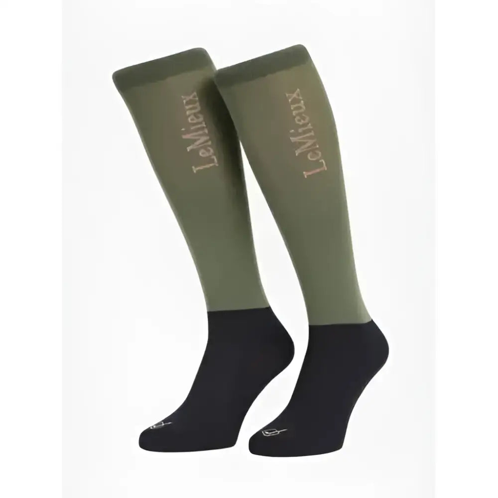 Olive green and black lemieux competition socks with silver embroidery perfect for riding in a 2 pack rosemary set