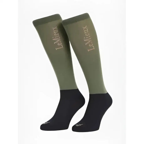Olive green and black lemieux competition socks with silver embroidery perfect for riding in a 2 pack rosemary set