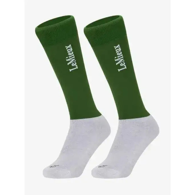 Dark green and white lemieux competition socks hunter with lightweight ultra close fabric and le mieux embroidery on side