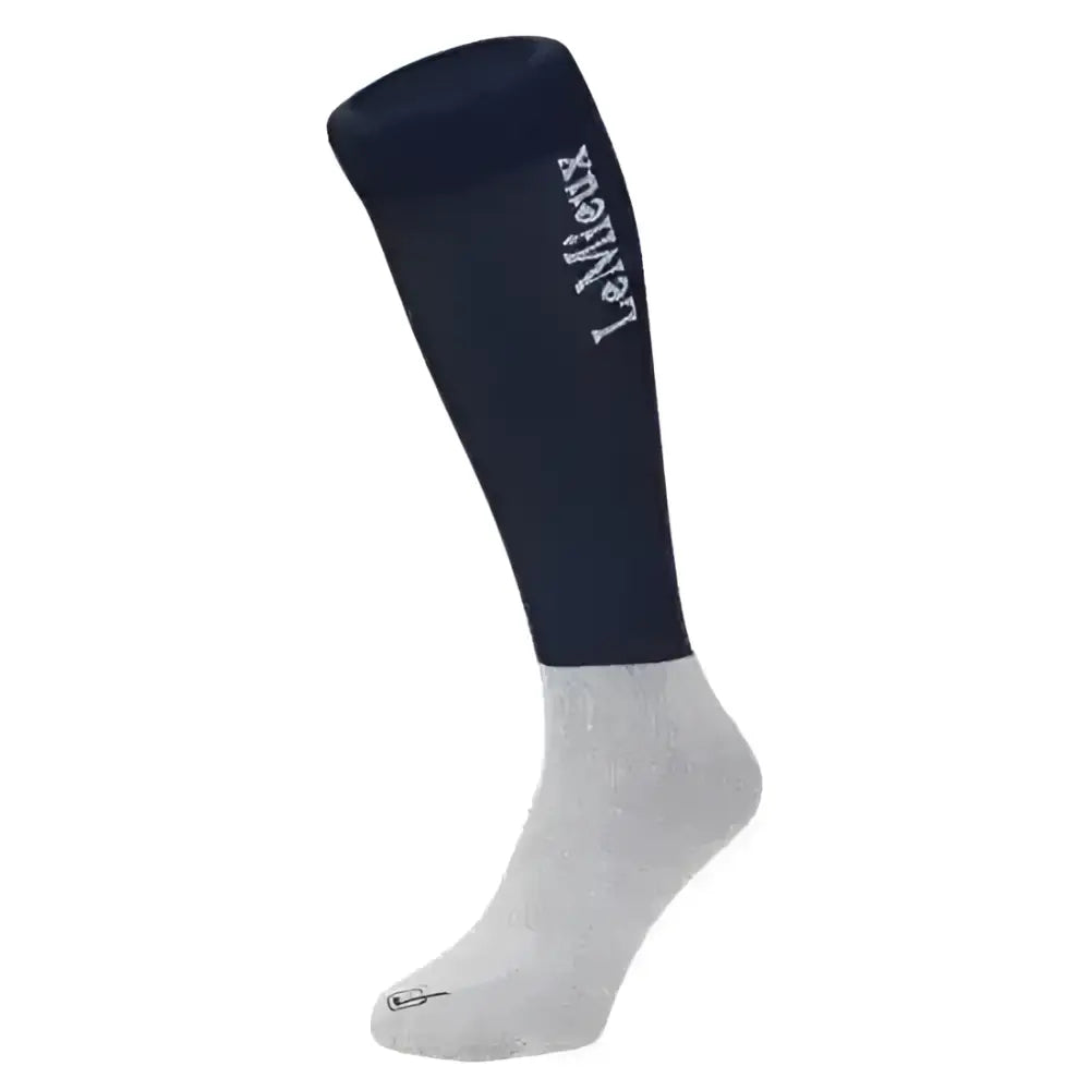 Navy blue and gray lemieux competition socks with white embroidery perfect for close contact riding twin pack