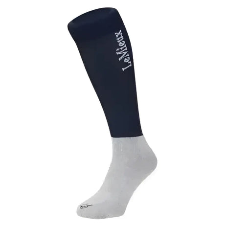 Navy blue and gray lemieux competition socks with white embroidery perfect for close contact riding twin pack