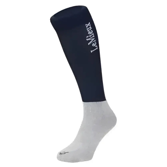 Navy blue and gray lemieux competition socks with white embroidery perfect for close contact riding twin pack