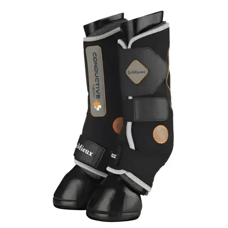 Black horse leg protection with silver and gold accents and adjustable straps from lemieux conductive magno boots