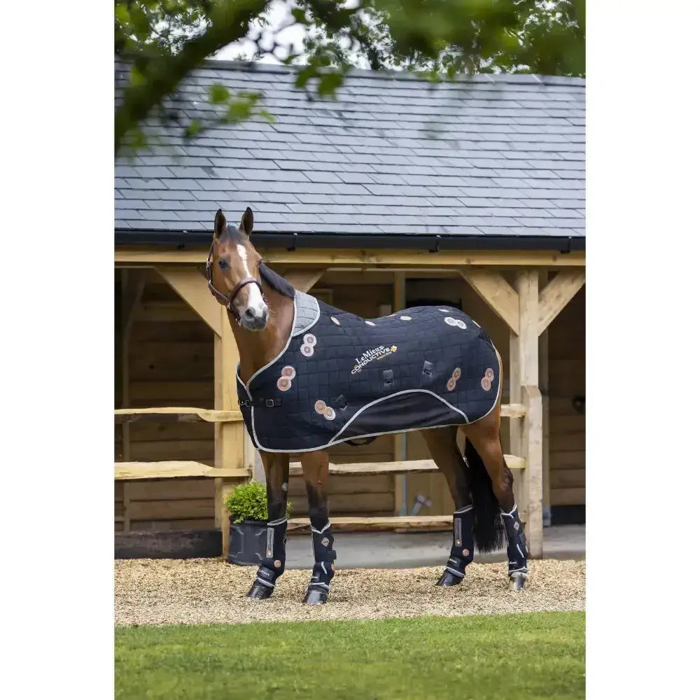 Black lemieux conductive magno rug with white trim and lambs & cakes patches featuring gauss twin magnets