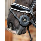 Black leather horse bridle with white trim and dark gray octagonal noseband featuring lemieux contoured rubber bit guards