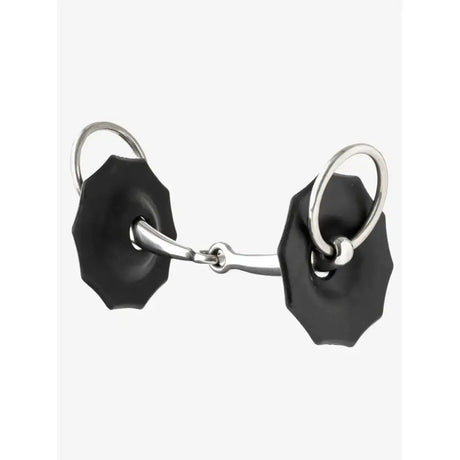 Black lemieux contoured rubber bit with silver metal rings and central bar fits rubber bit guards easily