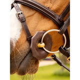 Brown leather horse bridle with brass noseband and silver ring featuring lemieux contoured rubber bit guards in brown