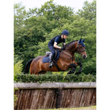 A chestnut horse jumping wearing lemieux cotton close contact saddle pad navy with black leg wraps
