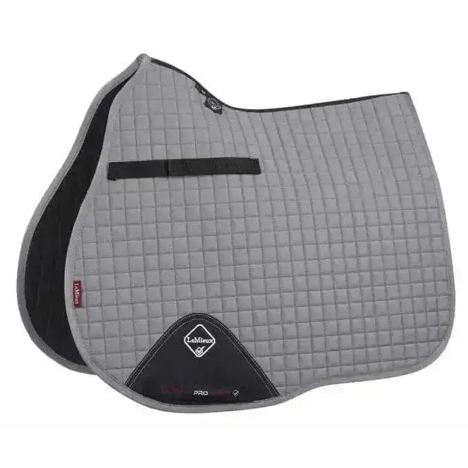 Gray quilted lemieux cotton saddle pad with black trim and diamond logo patch perfect for active horse use
