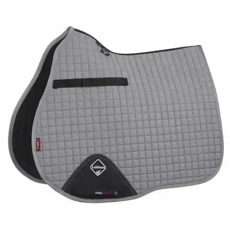 Gray quilted lemieux cotton saddle pad with black trim and diamond logo patch perfect for active horse use