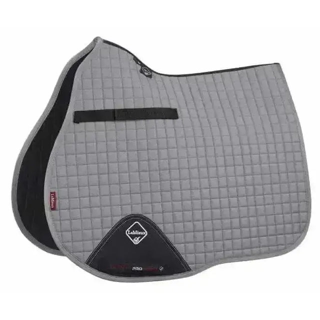 Gray quilted lemieux cotton saddle pad with black trim and diamond logo patch perfect for active horse use