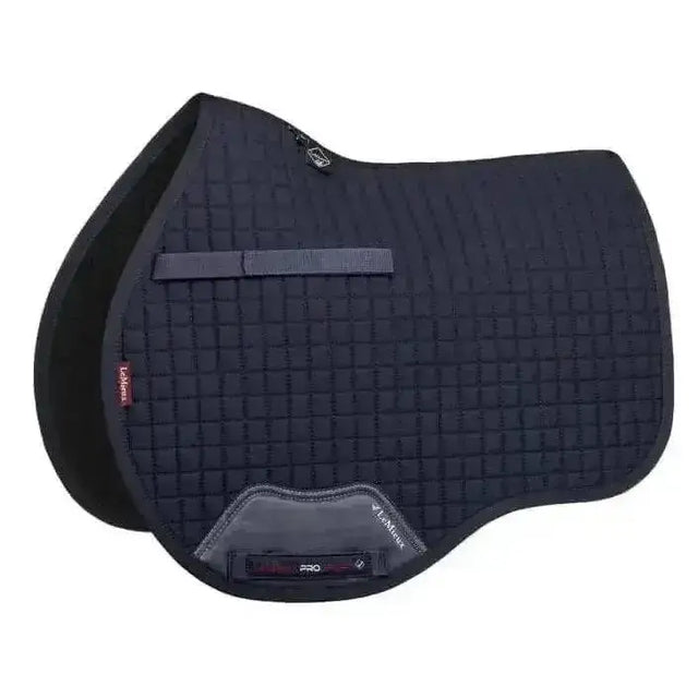 Black quilted lemieux cotton saddle pad with gray patch and elastic strap perfect for active horse use