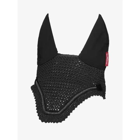Black crocheted lemieux crystal fly hood with solid fabric ears and red lemieux tag fly hood black
