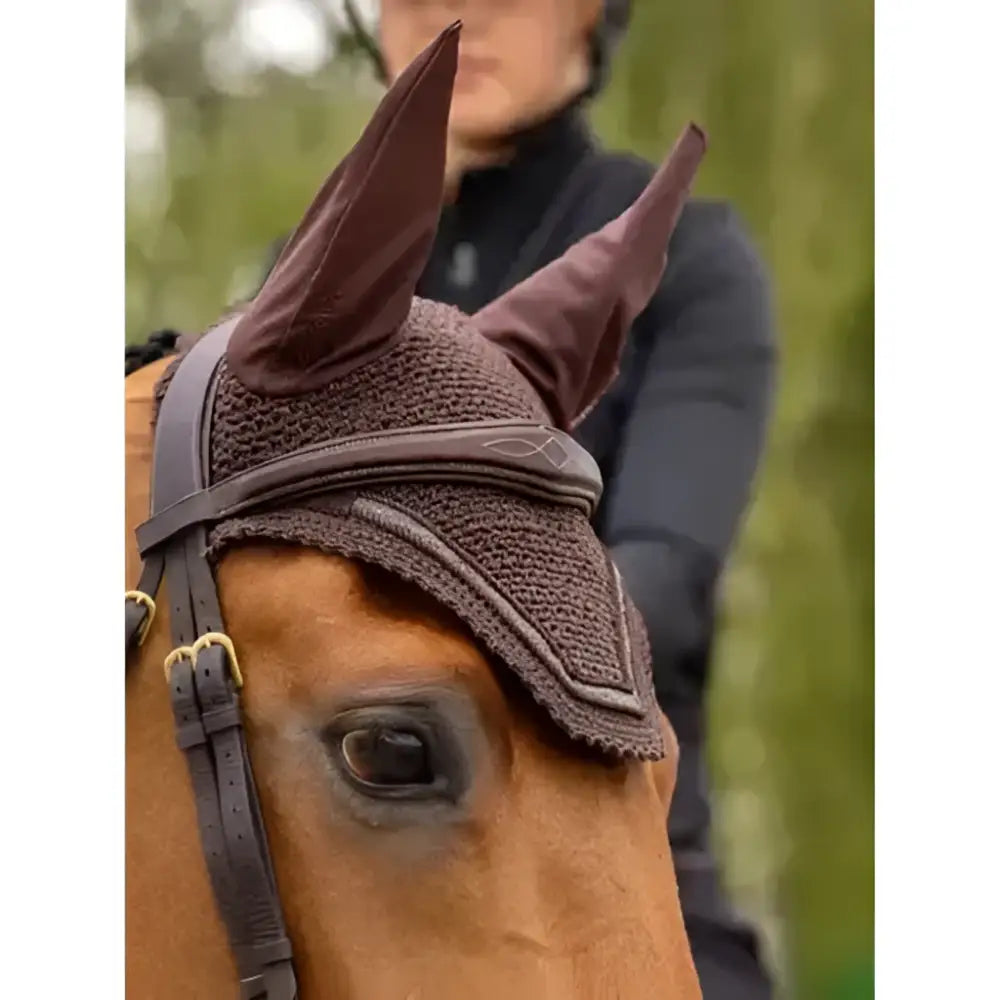 Brown knitted lemieux crystal fly hood with padded pointed flaps and dark brown leather strap fly hood brown