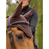 Brown knitted lemieux crystal fly hood with padded pointed flaps and dark brown leather strap fly hood brown