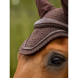 Brown knitted lemieux crystal fly hood with smooth leather strap and subtle embroidered logo fly hood brown