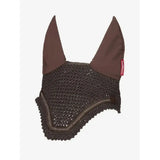 Brown crocheted lemieux crystal fly hood with solid fabric ears and red brand tag fly hood brown