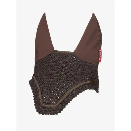 Brown crocheted lemieux crystal fly hood with solid fabric ears and red brand tag fly hood brown