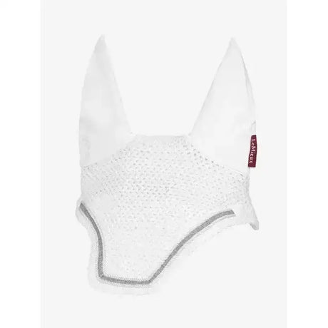 White mesh lemieux crystal fly hood with gray trim and small red tag featuring intricate four-way pattern