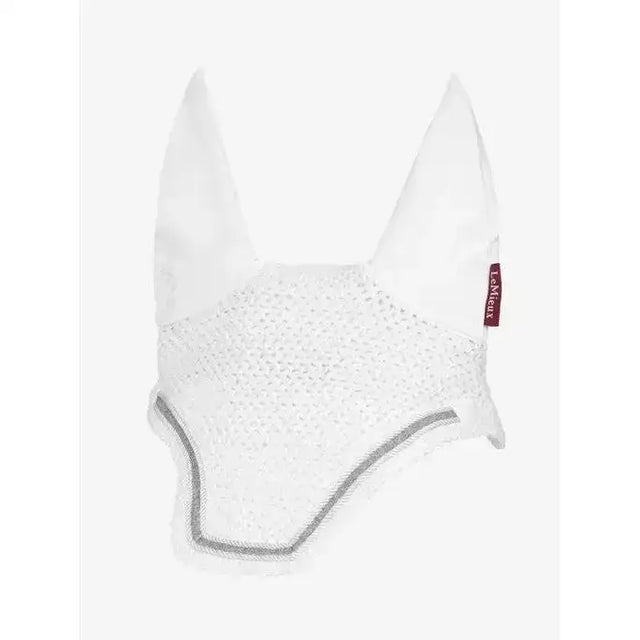 White mesh lemieux crystal fly hood with gray trim and small red tag featuring intricate four-way pattern