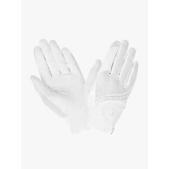 White lemieux crystal gloves showing back side with breathable mesh panel and reinforced fingertips in textured pattern