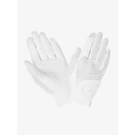 White lemieux crystal gloves showing back side with breathable mesh panel and reinforced fingertips in textured pattern