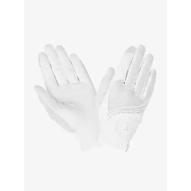 White lemieux crystal gloves showing back side with breathable mesh panel and reinforced fingertips in textured pattern