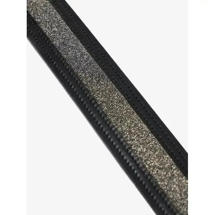 Black leather lemieux crystal insert belt with textured shimmering silver-gray tonal crystal panel stripe