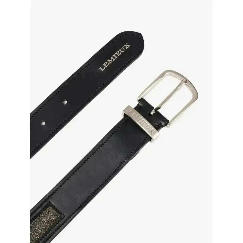Black leather lemieux crystal insert belt with silver buckle and tonal crystal panel embossed branding on strap and buckle plate