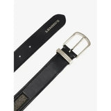 Black leather lemieux crystal insert belt with silver buckle and tonal crystal panel embossed branding on strap and buckle plate