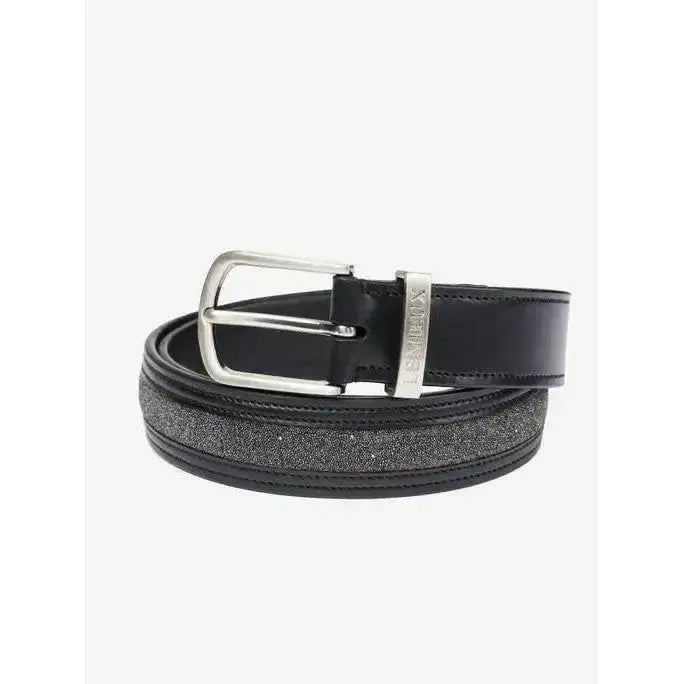 Black leather lemieux crystal insert belt with silver buckle and glittery tonal crystal panel stripe