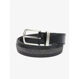 Black leather lemieux crystal insert belt with silver buckle and glittery tonal crystal panel stripe