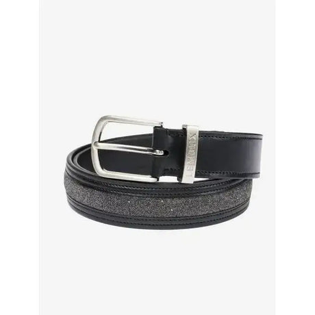 Black leather lemieux crystal insert belt with silver buckle and glittery tonal crystal panel stripe