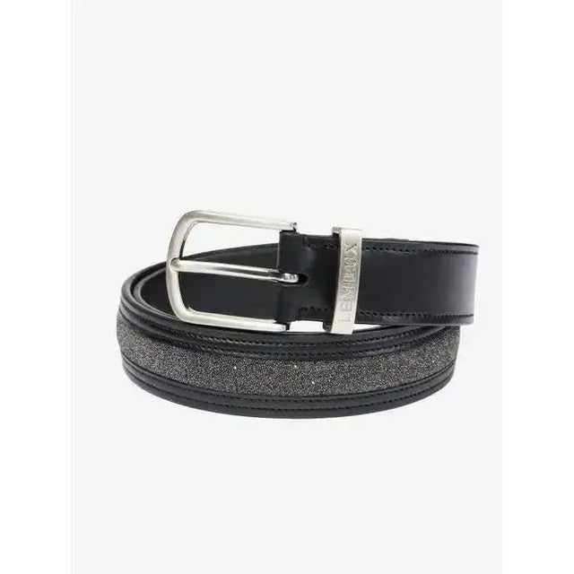 Black leather lemieux crystal insert belt with silver buckle and glittery tonal crystal panel stripe