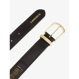 Black leather lemieux crystal insert belt with gold buckle and embossed branding features a tonal crystal panel