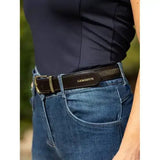 Dark brown leather lemieux crystal insert belt with gold buckle and embossed brand tab featuring tonal crystal panel