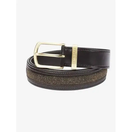 Lemieux crystal insert belt brown black leather belt with gold-tone buckle and textured glittery brown inner lining