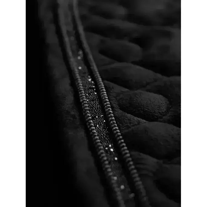 Black quilted crystal suede close contact square with lemieux crystal suede beaded zipper track detail