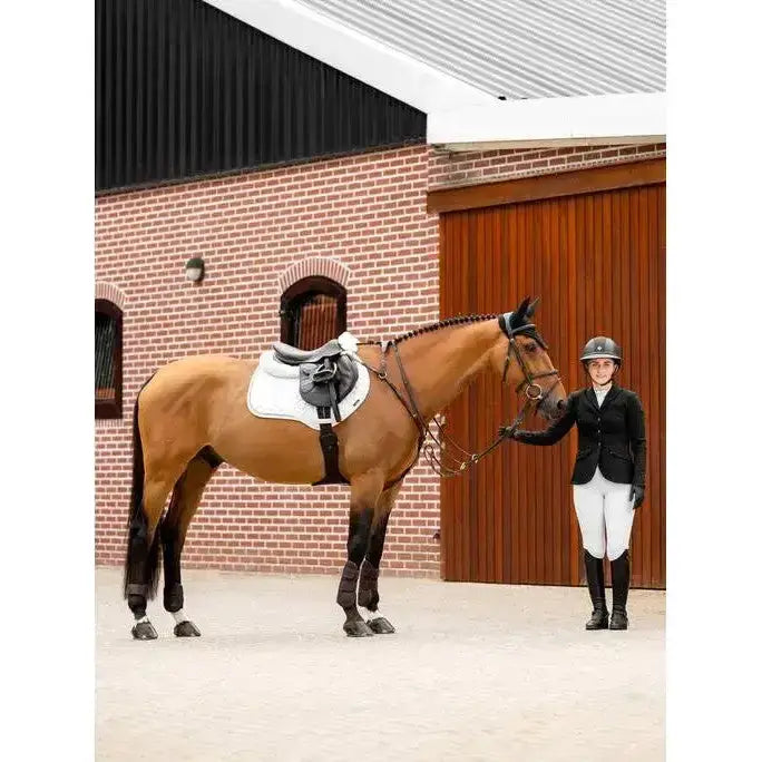 A sleek chestnut horse wearing a lemieux crystal suede close white saddle pad with dark leather tack and black mane
