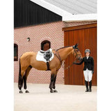 A sleek chestnut horse wearing a lemieux crystal suede close white saddle pad with dark leather tack and black mane
