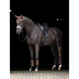 Dark brown horse wearing lemieux crystal suede dressage square with leather girth protection area and silver bridle