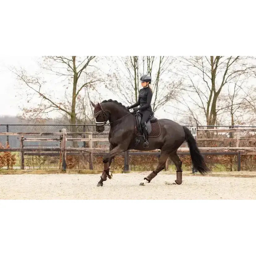 A sleek black horse wearing the lemieux crystal suede brown dressage square highlighting leather girth protection area