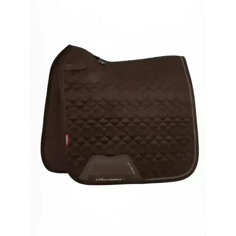Dark brown lemieux crystal suede dressage square with diamond quilt and leather girth protection area