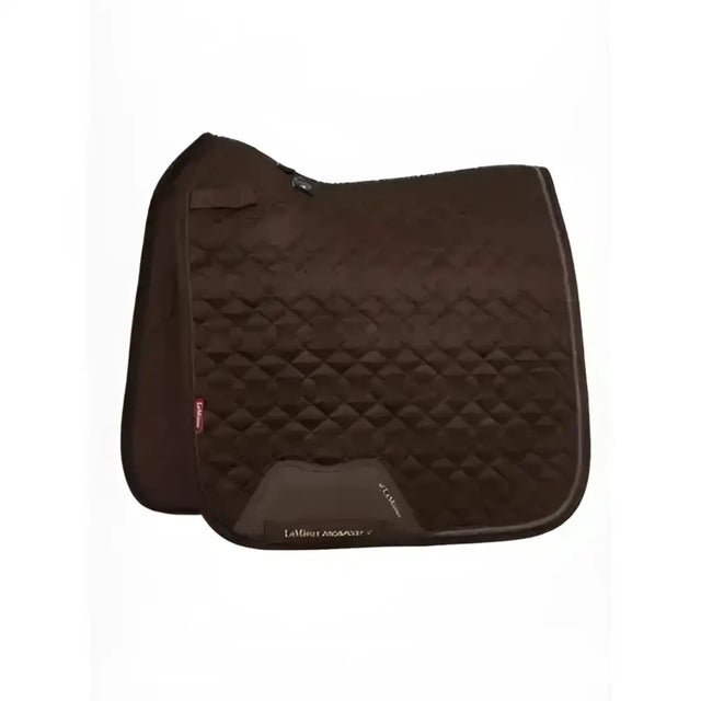 Dark brown lemieux crystal suede dressage square with diamond quilt and leather girth protection area