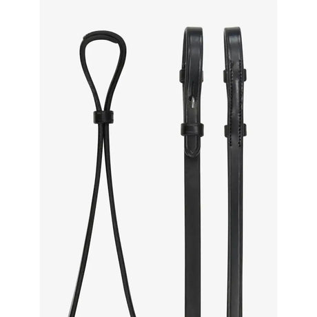Black lemieux curb rein made of supple pre-oiled leather with looped handle and buckle closures for riding