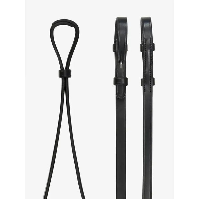 Black lemieux curb rein made of supple pre-oiled leather with looped handle and buckle closures for riding