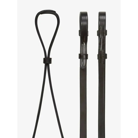 Lemieux curb rein in supple pre-oiled brown leather with silver stitching and looped handle for double bridle use
